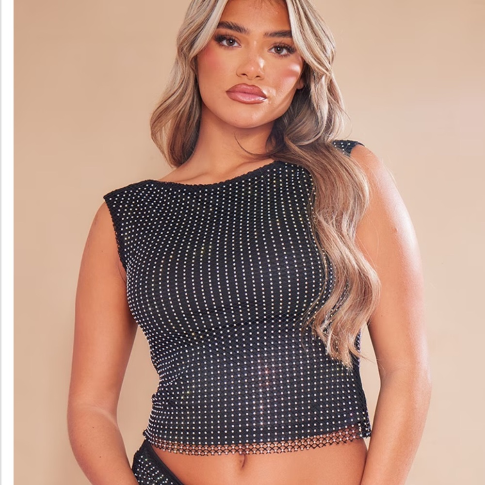 Black Mesh Diamante Backless Longline Top - PrettyLittleThing - brand new!